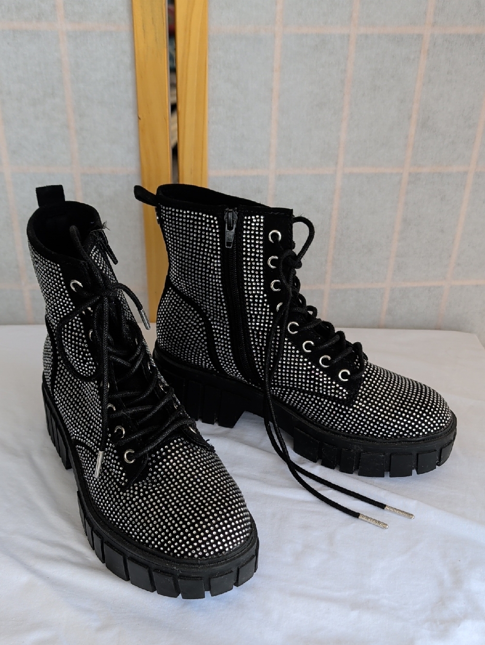 Madden NYC Black Rhinestone Lace-Up Combat Booties with Chunky Lug Sole